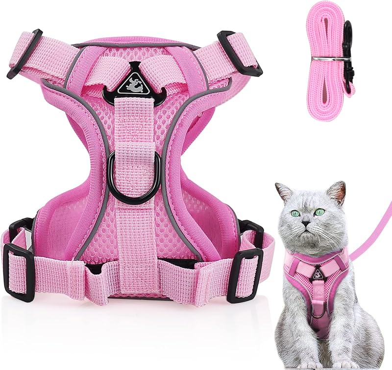 Grantop Cat Harness and Lead Set Adjustable Reflective Light Pink S