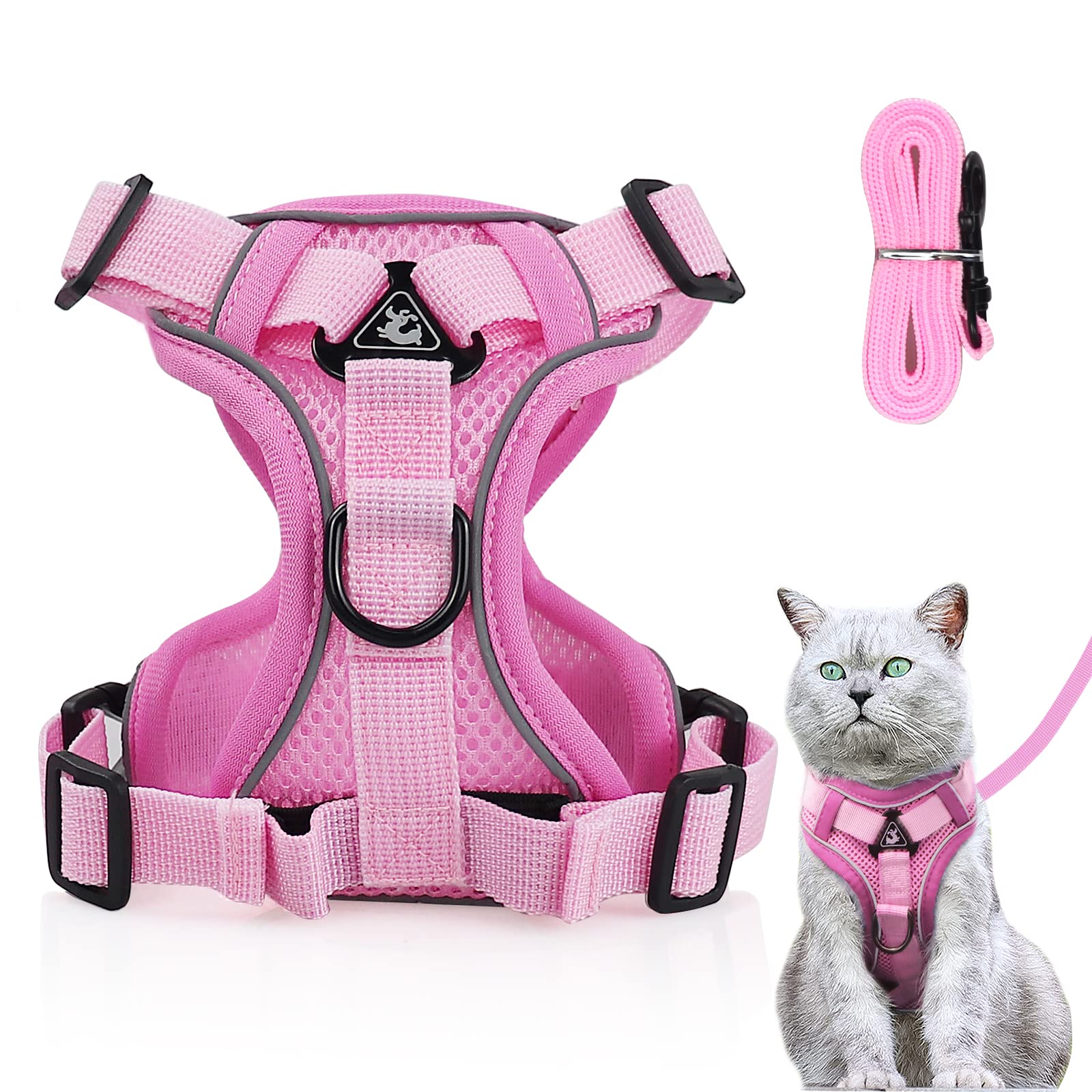 Cat Harness and Lead Set, Adjustable Kitten Harness and Lead Set with Reflective Strips Escape-Proof, Cat Vest Harness with Leash Sets for Cats Dogs Pets Walking (Light pink, S)