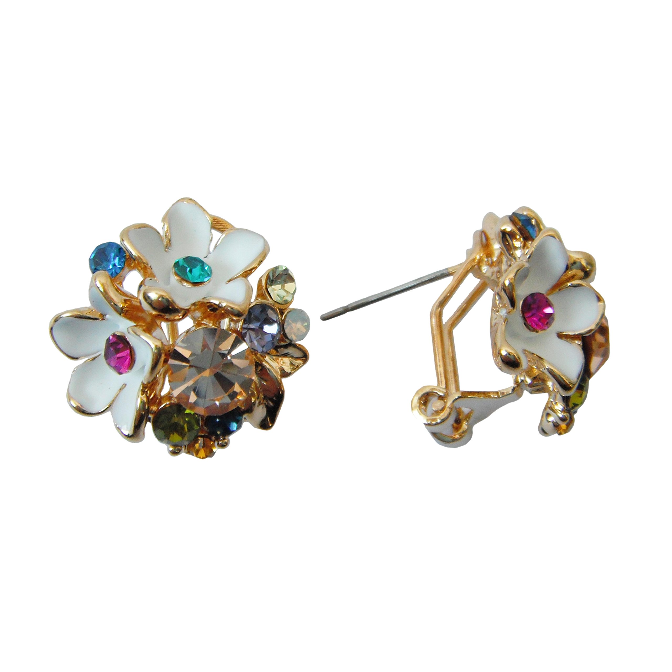 Navachi 18k Gold Plated Flower Stereo Rose White Enamel Colorful Crystal Omega Az1776o Earrings