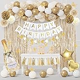 White and Gold Birthday Party Decorations Kit for Women Girls, Gold White Sand Confetti Foil Balloons Happy Birthday Banner Fringe Curtains Butterfly Garland Baptism Communion Supplies
