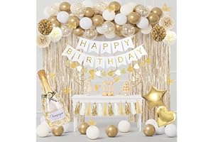 OUDDY PARTY White and Gold Birthday Party Decorations Kit for Women Girls, Gold White Sand Confetti Foil Balloons Happy Birthday Banner Fringe Curtains Butterfly Garland Baptism Communion Supplies