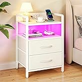 HONGOUZWL Night Stand with Charging Station, LED Nightstand with Storage 2 Shelfs & 2 Fabric Drawers, Morden End Table with U-S-B Ports & AC Outlets, White