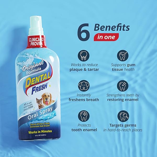 DENTAL FRESH ORAL SPRAY FOR DOGS AND CATS, ELIMINATES BAD BREATH AND PROTECTS THEIR TEETH & GUMS, 4 FL OZ.