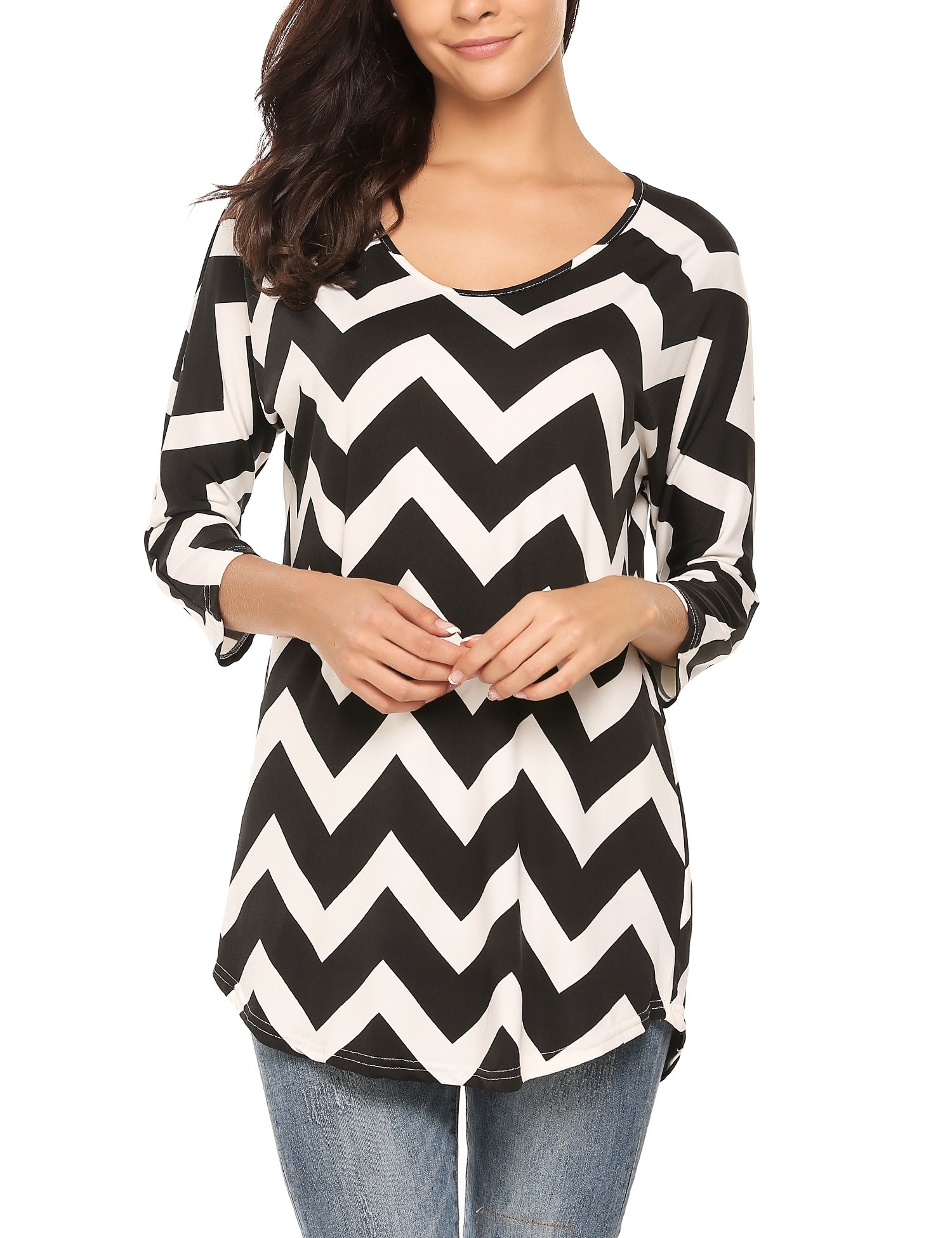 Zeagoo Women Casual Round Neck 3 4 Sleeve Chevron Print Tunic Top Black M