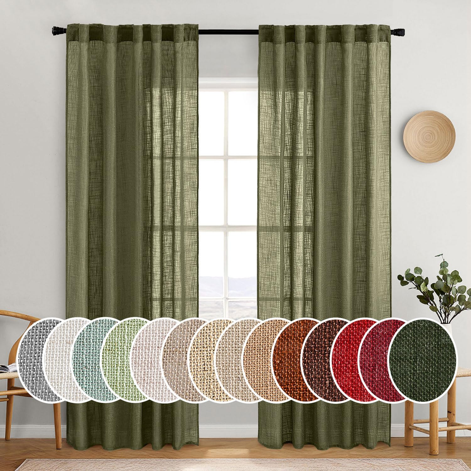 Photo 1 of MIULEE Light Olive Green Linen Curtains 84 Inch Length 2 Panels for Bedroom Living Room, Soft Linen Textured Natural Window Drapes Semi Sheer Light Filtering Back Tab Rod Pocket Burlap Look Decor