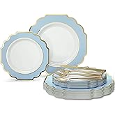 " OCCASIONS " 150 Piece set (25 Guests)-Wedding Plastic Plates & cutlery -Disposable heavyweight Dinnerware 10.5'', 8'' + Silverware w/double fork (Imperial in White/Blue & Gold)