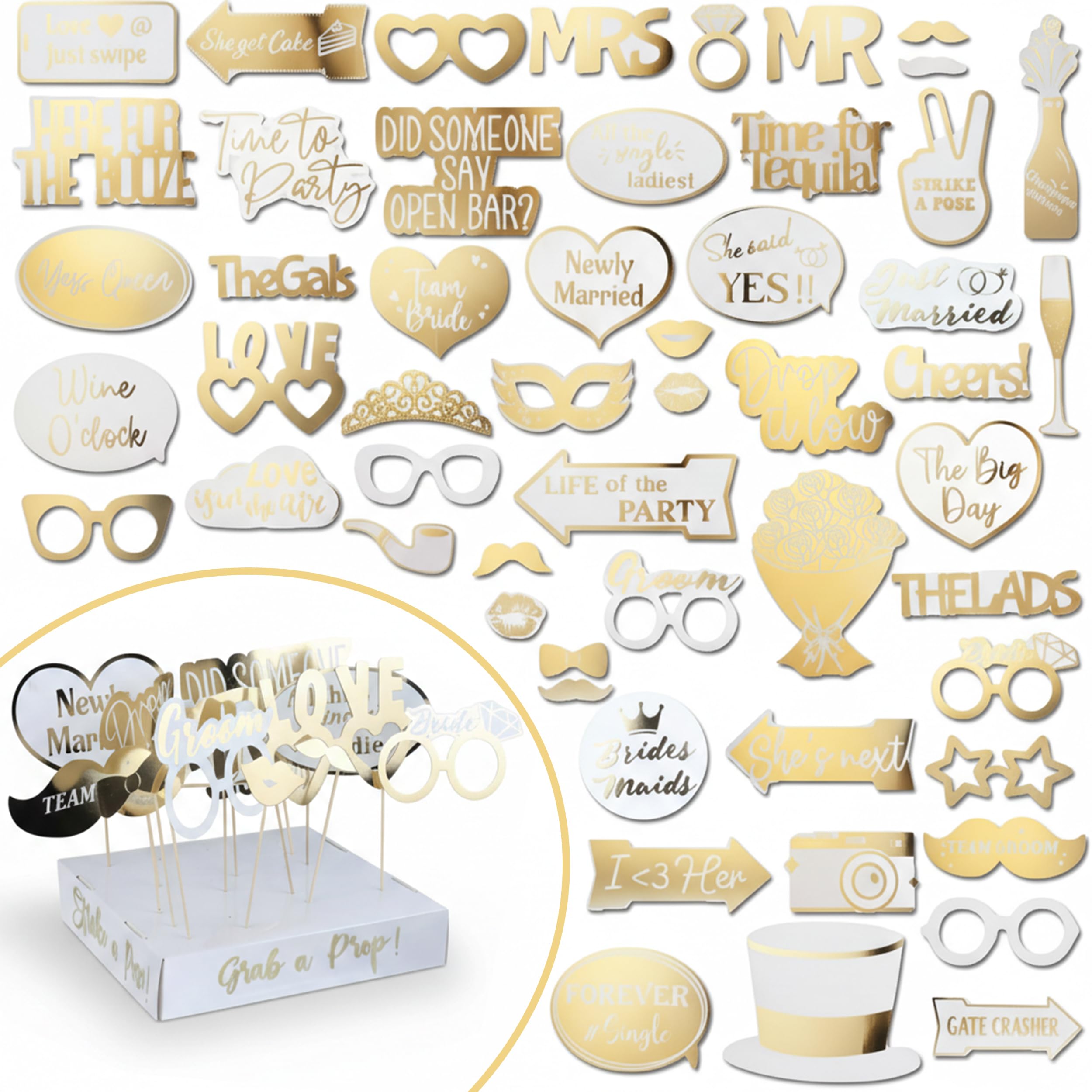 Soul Shift 60 PCs Wedding Photo Booth Props | Gold themed Photobooth Kit for Kids & Adults - Pre-Assembled, Durable, Reusable, Gold Foil Print - Wedding Reception Props