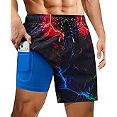 Gleeease 7inch Mens Swim Trunks: with Compression Liner Zipper Pocket Drawstring Quick Dry Stretch Lined 3D FunnyBeach Pool
