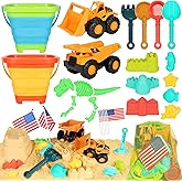 HUITEM Beach Sand Toys for Kids, 29PCS Sandbox Toys with 2 Collapsible Bucket Sand, 2 Dump Truck, Dinosaur Molds, Castle Building Kit, Shovel Sieve,Flags,Mesh Bag Travel Beach Toys for Toddler 3-10