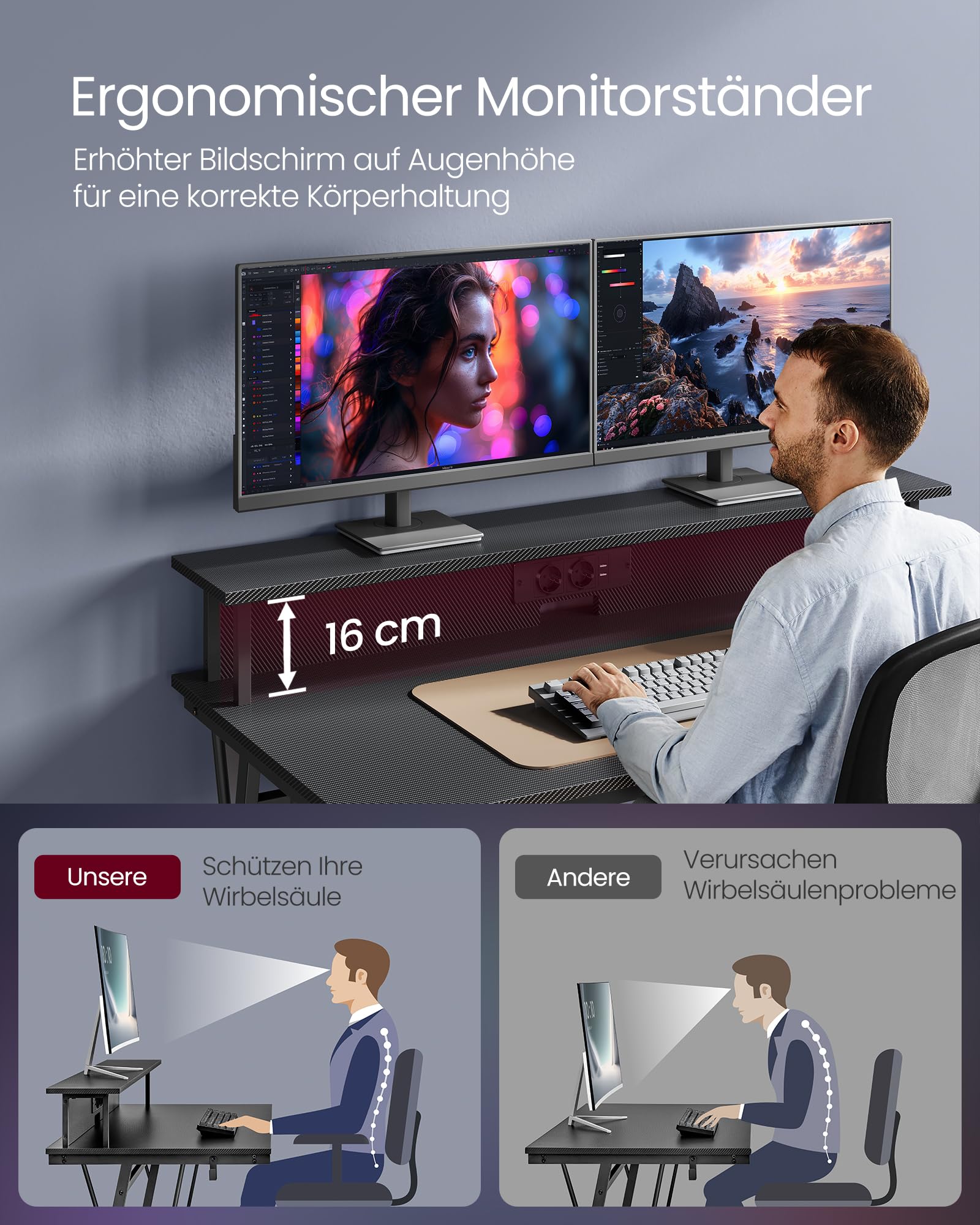 VASAGLE Schreibtisch, Gaming Tisch mit eingebauter Steckdosenleiste, Computertisch, mit Monitorständer für 2 Monitore, Schlafzimmer, 60 x 120 x 76 cm, rußschwarz LWD192B02 8