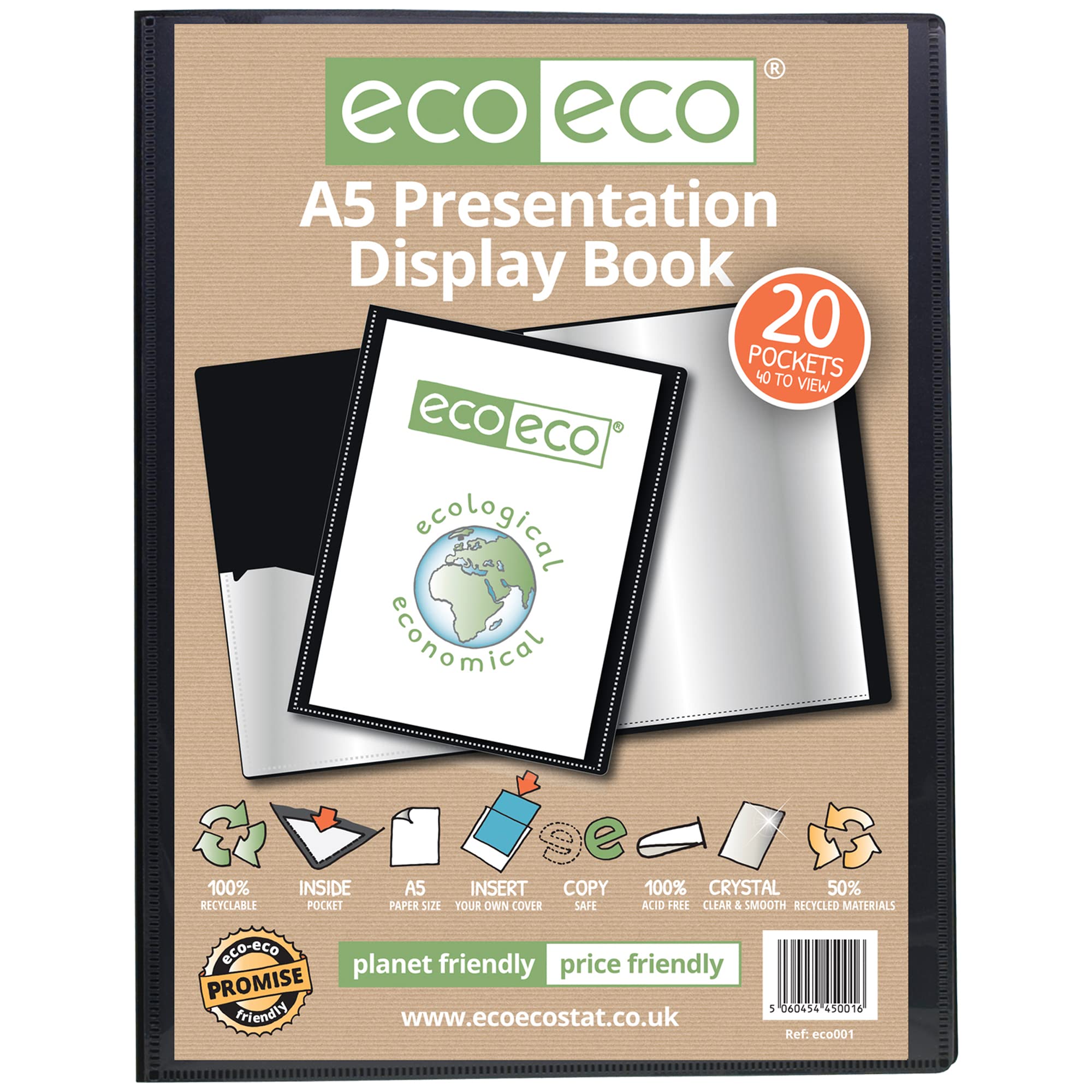 eco-eco A5 50% Recycled 20 Pocket Presentation Display Book- Sustainable Portfolio Folder for Artwork,Certificates, Documents - Eco-Friendly Storage Case, Ideal for School & Office Use-Black-Pack of 1