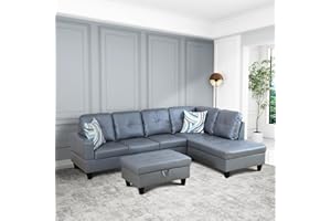 howcool 103.5" Sectional Sofa with Left Chaise Lounge and Storage Ottoman, Modern 4-Seater L-Shape PU Leather Upholstered Couch for Living Room Apartment Office, Dark Grey