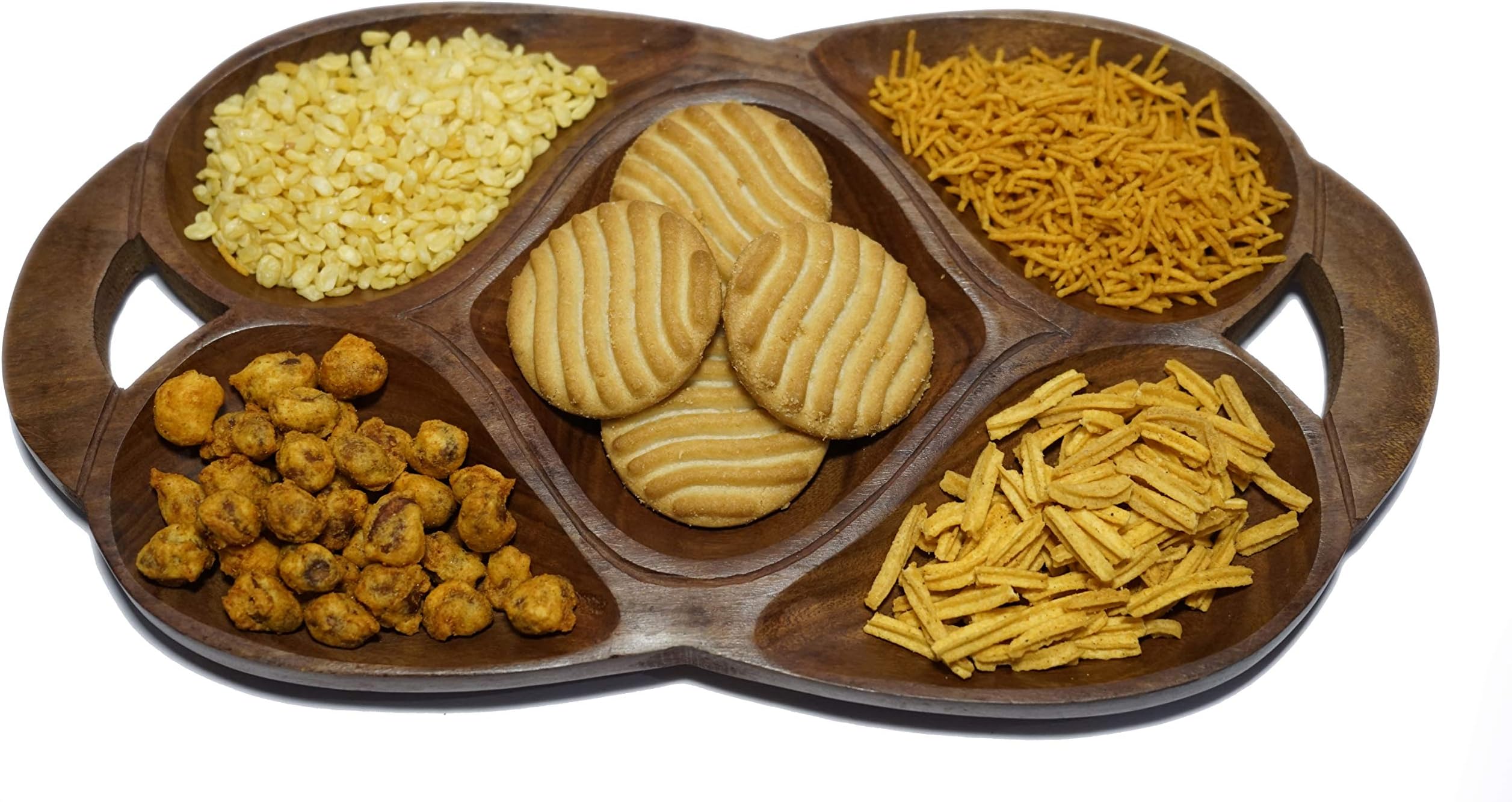 Lunatic Craftwork Serving (Snacks, Dry Fruits) Home/Kitchen Handcrafted Wooden Tray/Platter (5 Compartments)