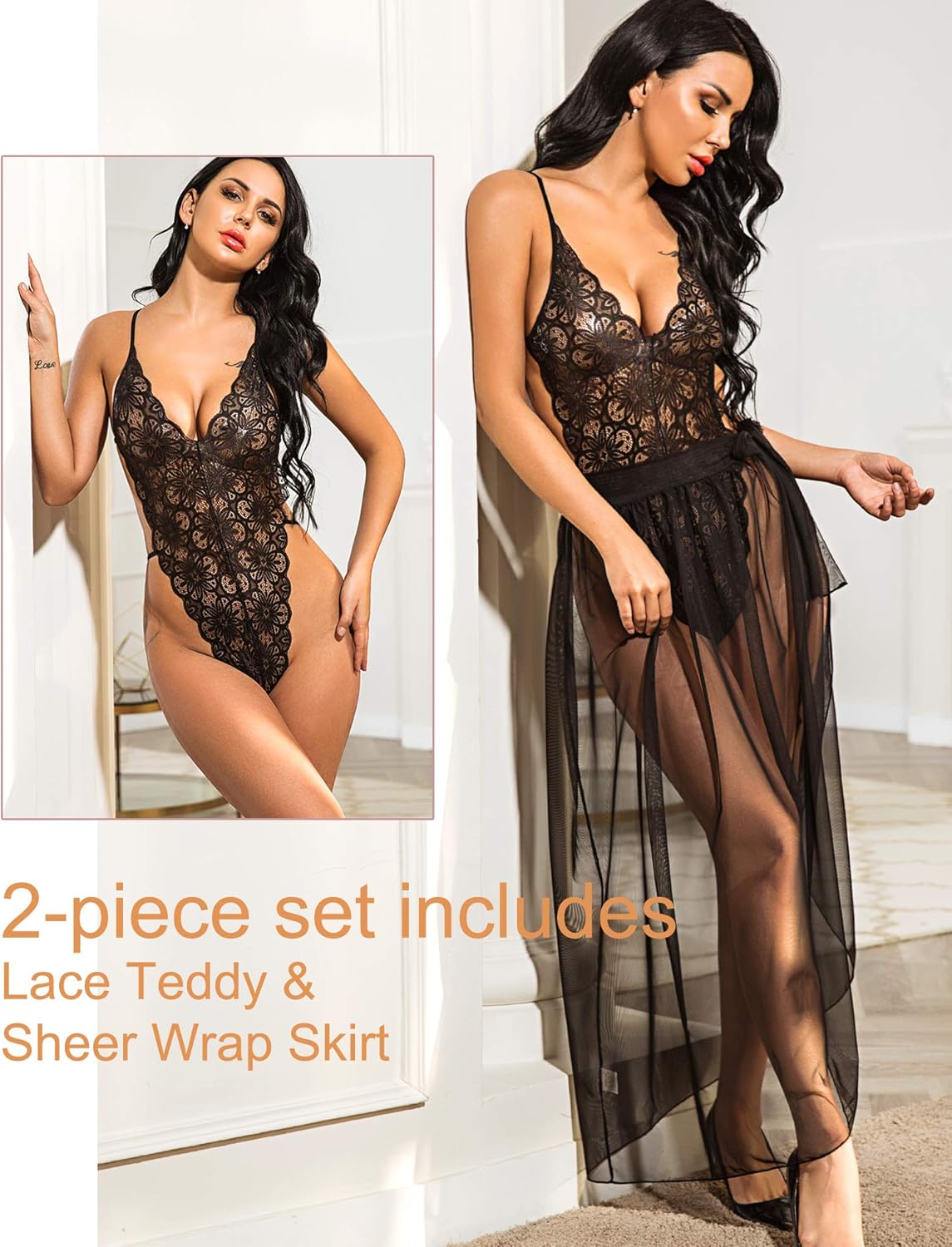Avidlove Women One Piece Lingerie Deep V Lace Bodysuit Mosaic Lace Teddy Mesh Skirt at  Women’s Clothing store