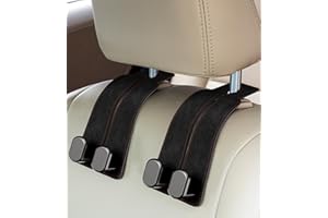 AMINOR 2 Pack Car Seats Hooks for Headrest, 2-in-1 Premium Leather Car Headrest Hanger with Metal Hooks, Car Seat Back Storage Hooks for Purses, Handbags, Phone (Black)