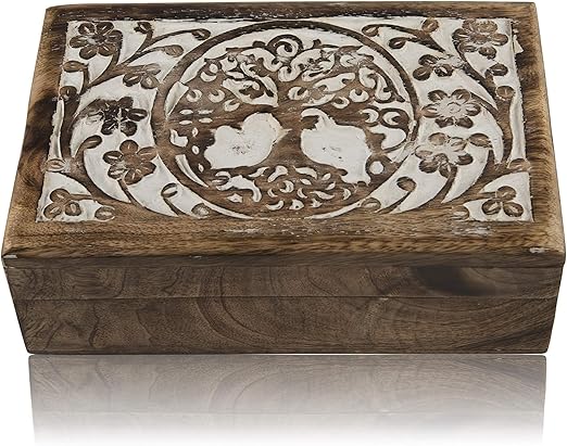 Caja de madera decorativa hecha a mano, diseño de árbol de la vida, caja del tesoro,