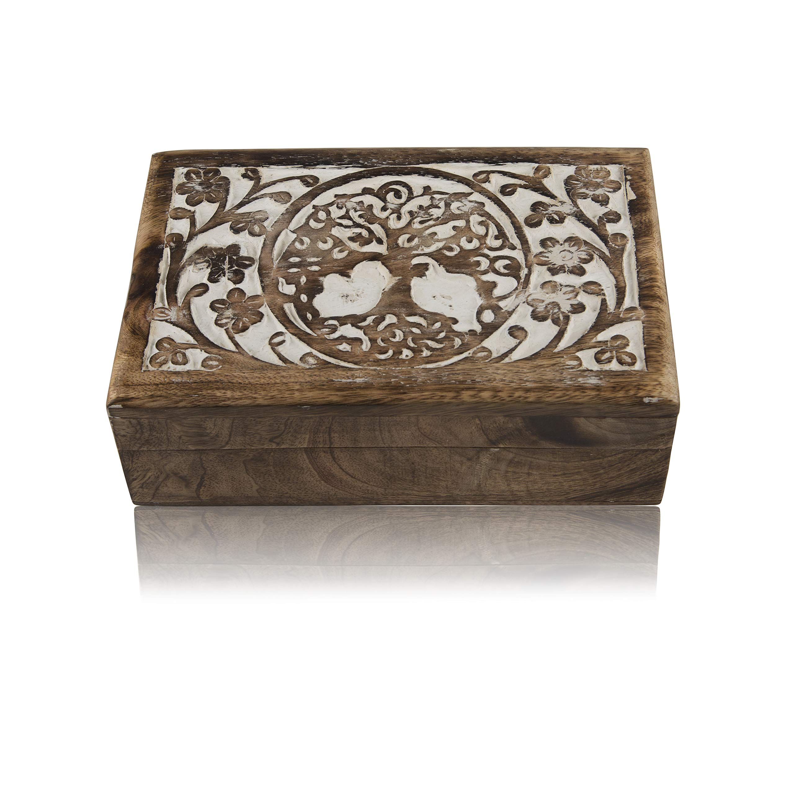 Great Birthday Gift Ideas Handmade Decorative Tree Of Life Wooden Jewelry Treasure Box Jewelry Organizer Treasure Chest Trinket Holder Lock Watch Box (White Wash Finish)