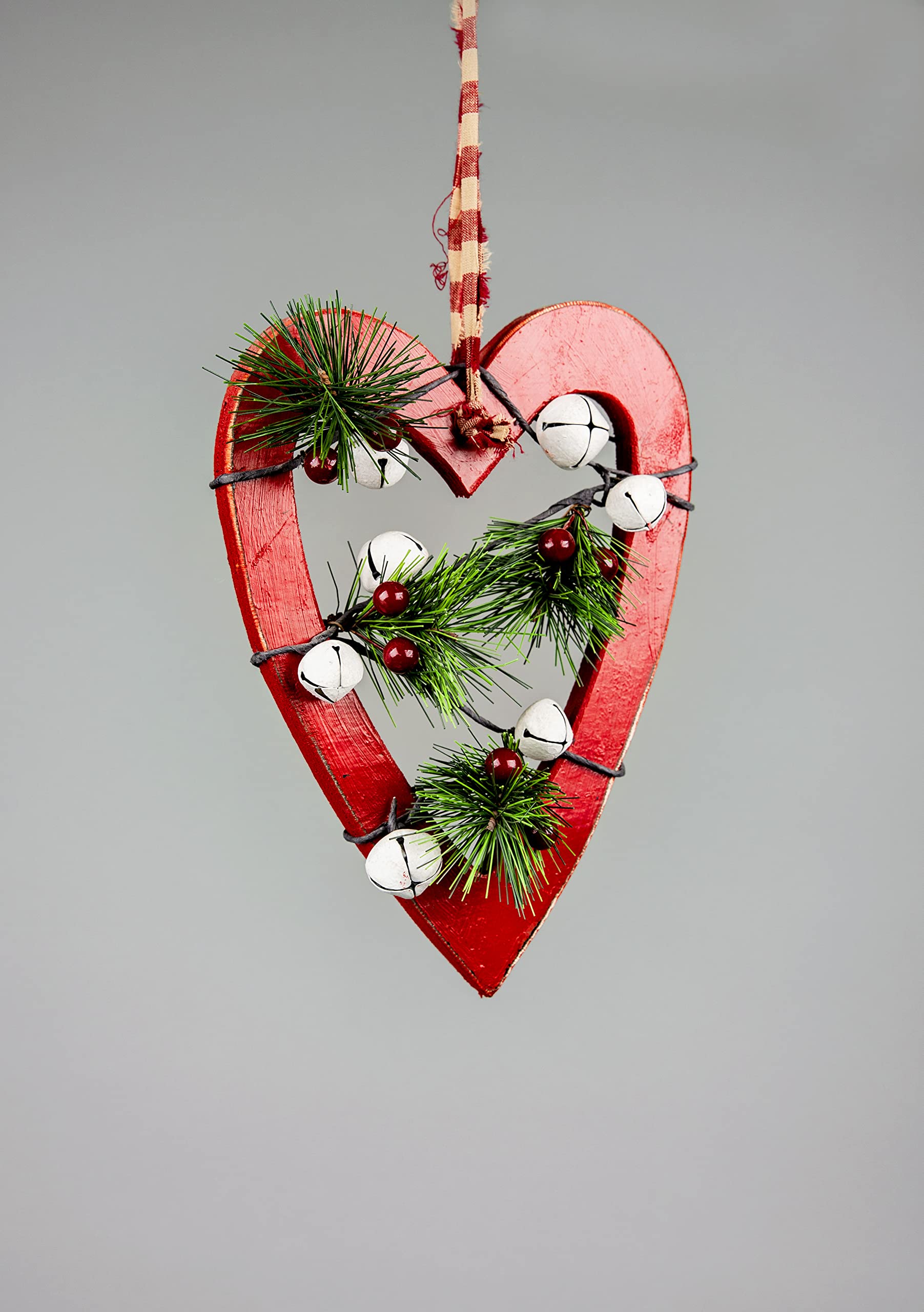 SHATCHI 23cm Red Wooden Heart Wall Hanging Ornament Decorated with White Bells Berries and Pines Christmas Holiday Home Decorations, 18x1.2x23 cm