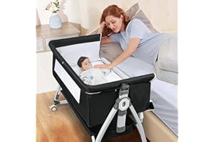 VOOI Baby Bassinet Bedside Sleeper, 3 in 1 Rocking Bassinet for Baby, Bassinet Bedside Sleeper with Wheels, Adjustable Height, Storage Basket, Mattress & Canopy, Bed Side Bassinet for Newborn