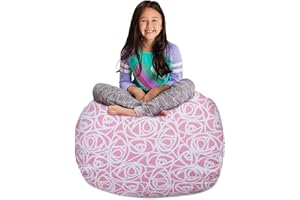 Posh Creations Kids Stuffed Animal Storage Bean Bag Chair Cover - Childrens Toy Organizer, Large-38in, Canvas Roses Pink