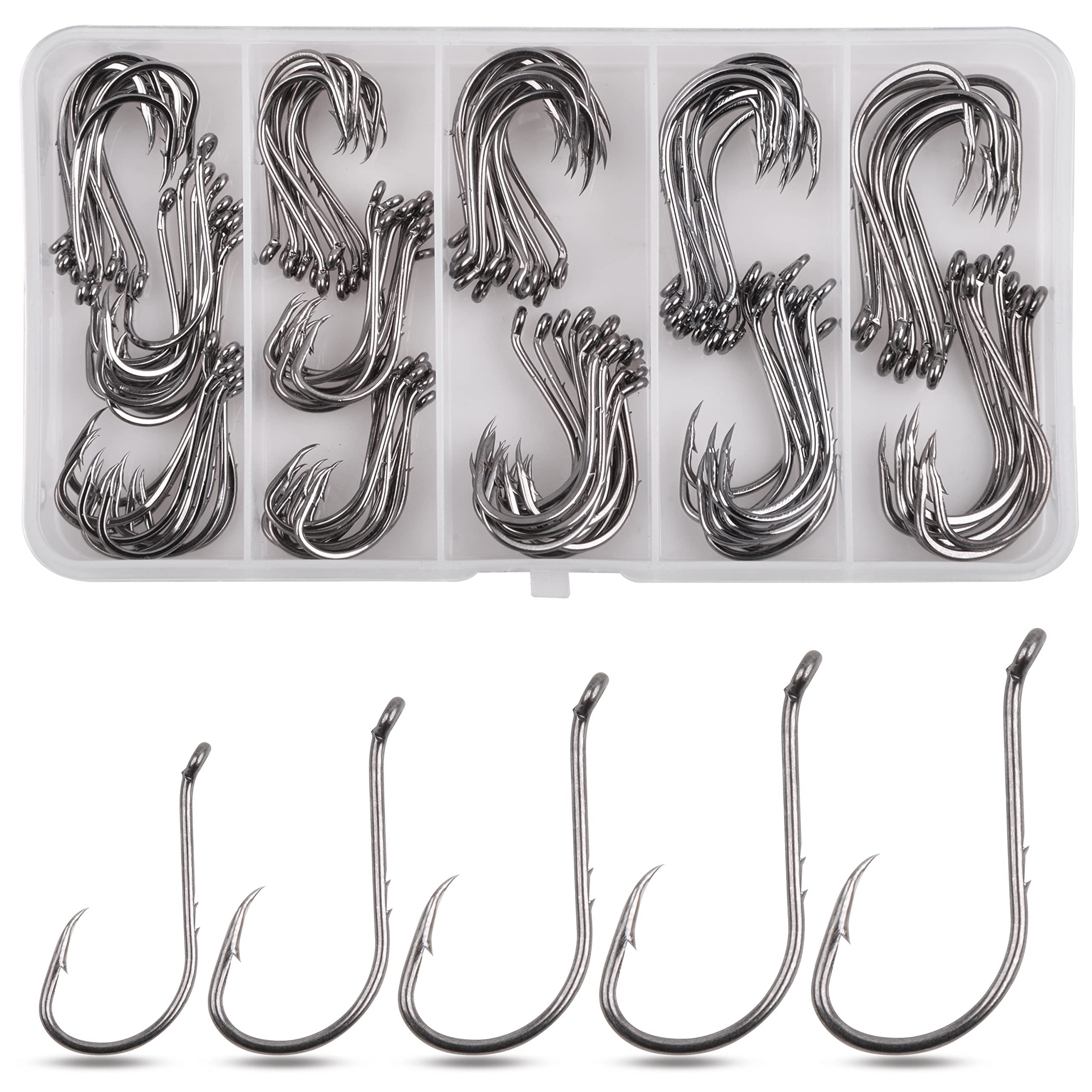 Baitholder Fishing Hooks 130pcs High Carbon Steel Barbed Hooks Offset Circle Hooks Sharp Black Barb Fishhooks for Freshwater Saltwater Assorted Size 1/0-5/0