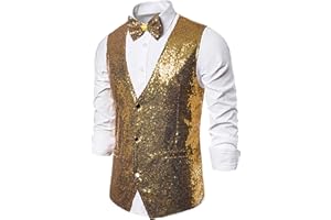 hlysgo Men's Sequins Vest Sparkly Slim Fit Sleeveless Party Vest Formal Shiny Tie Suit Waistcoat for Wedding, Prom, Events