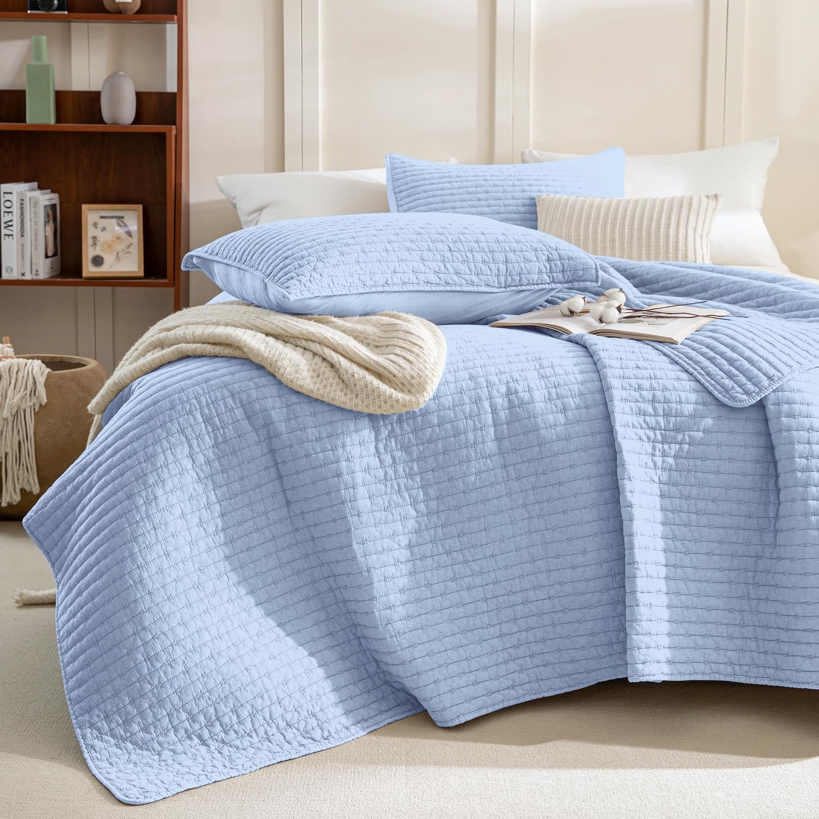 Photo 1 of Sanracie Stonewashed Cotton Coverlet Queen Size(90"x98"), Ultra Soft Cornflower Blue Crinkle Quilt Bedding Set 3Pcs Cross Stitch Pattern Lightweight Breathable Bedspread Set for All Season