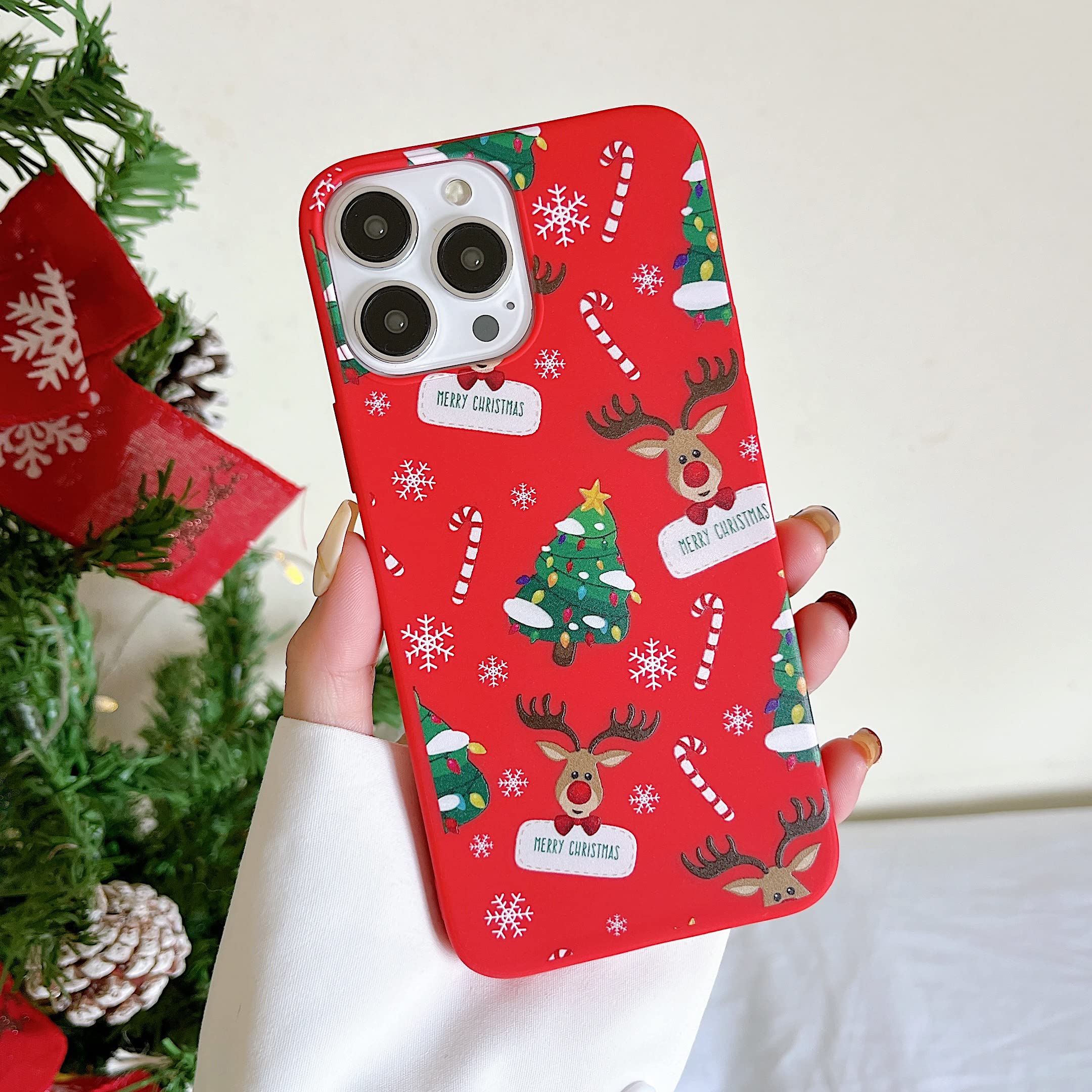 DEFBSC Case for 6.7" iPhone 12 Pro Max, Lovely Cartoon Christmas Elk Pattern Back Phone Cover Cute Christmas Design Soft TPU Bumper Protective Case for iPhone 12 Pro Max - Red