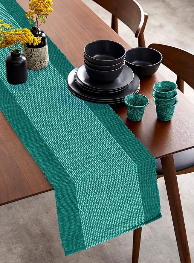 Buy Ratan Dining Table Mat 1 Runner Machine Washable Aqua and White