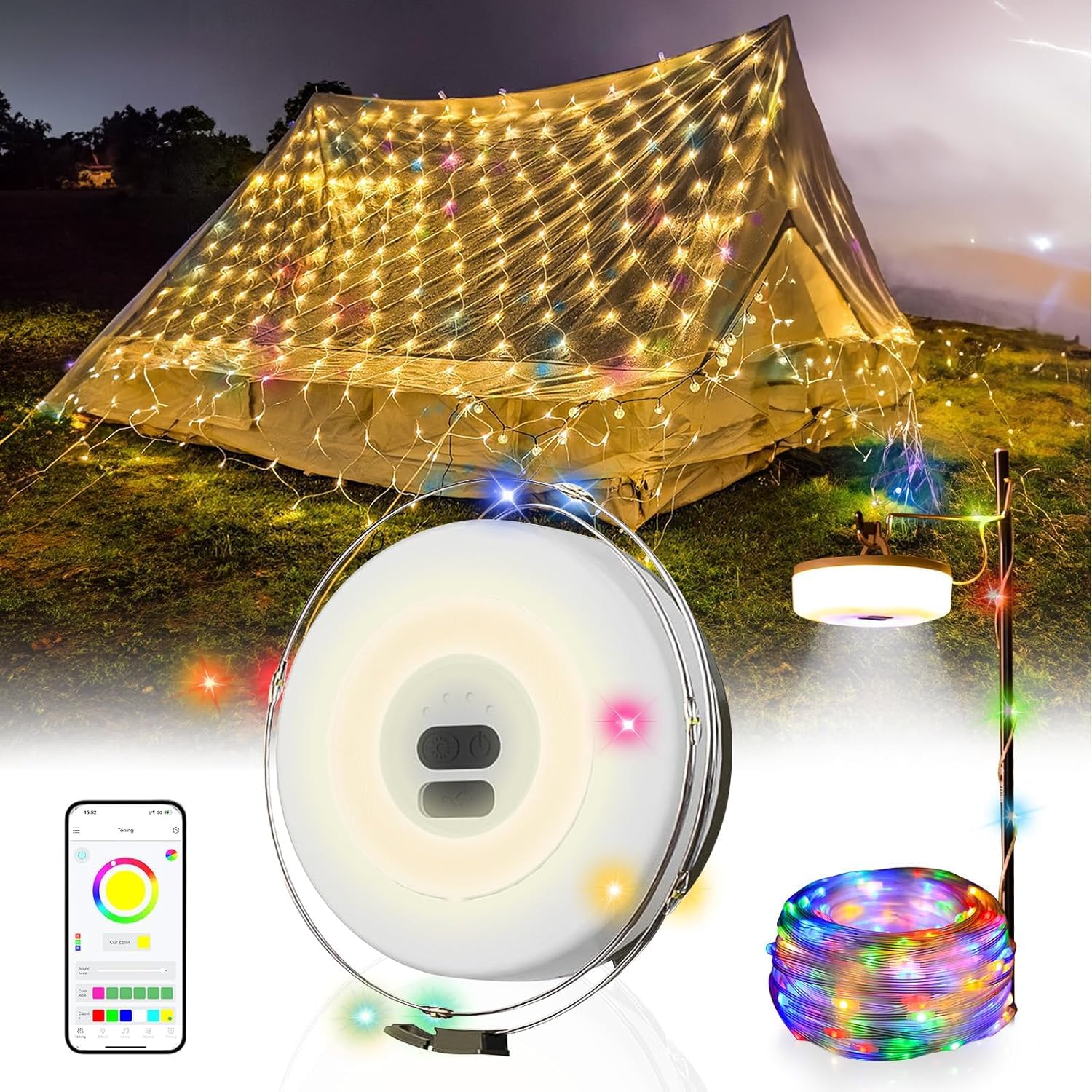 Camping String Lights Reel 19FT/6M, APP Control Outdoor String Lights with 8 Lighting Modes,Type-C Charging - Waterproof Portable Camping Lights Outdoor, Indoor, Home, RV, Garden, Patio