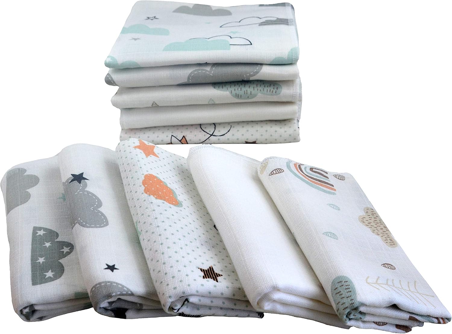 Muslin Swaddle, Pack of 10, Blend, Baby Towels, 80 x 70 cm, Absorbent, Oeko-Tex Certified (Unisex Clouds Set)