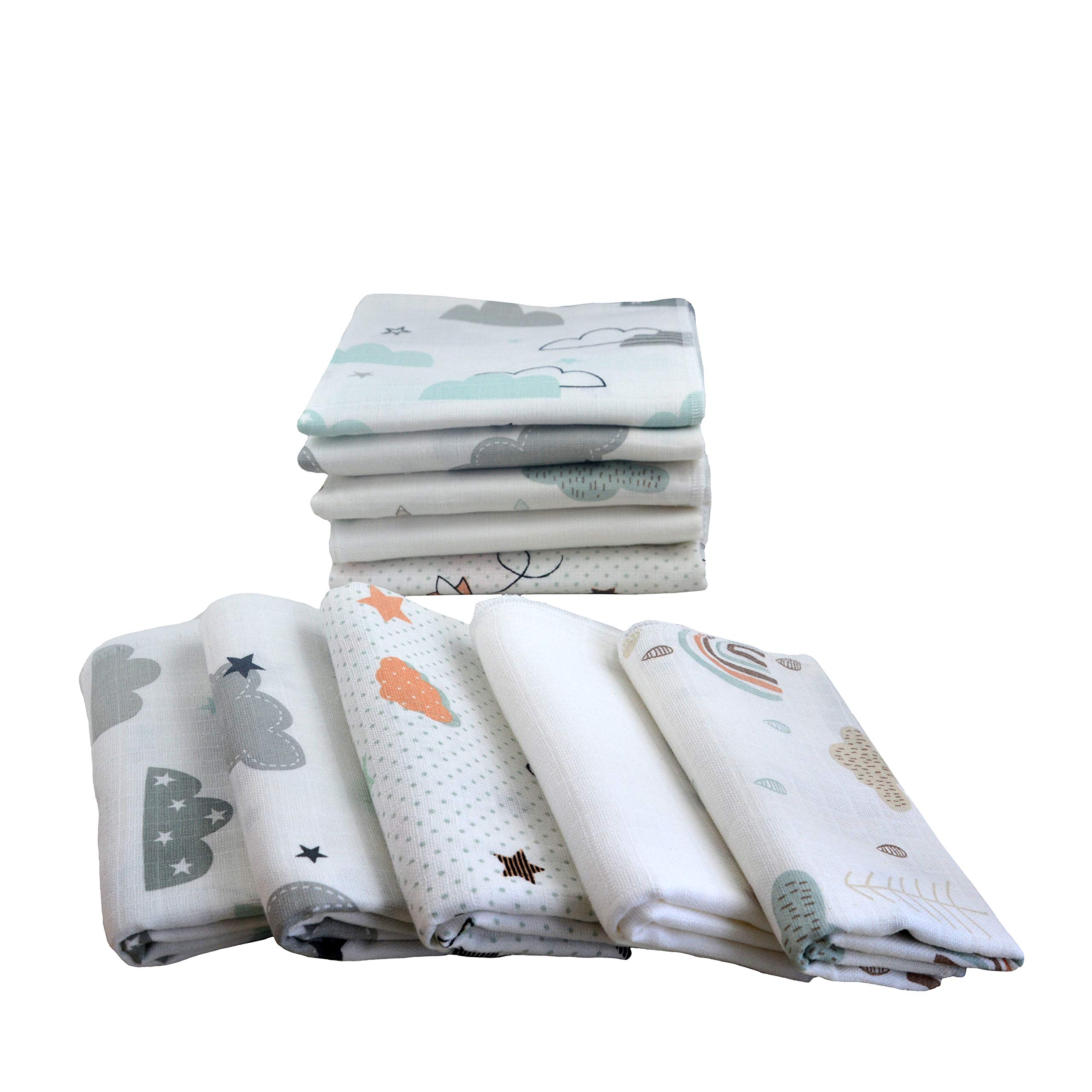Muslin Swaddle, Pack of 10, Blend, Baby Towels, 80 x 70 cm, Absorbent, Oeko-Tex Certified (Unisex Clouds Set)