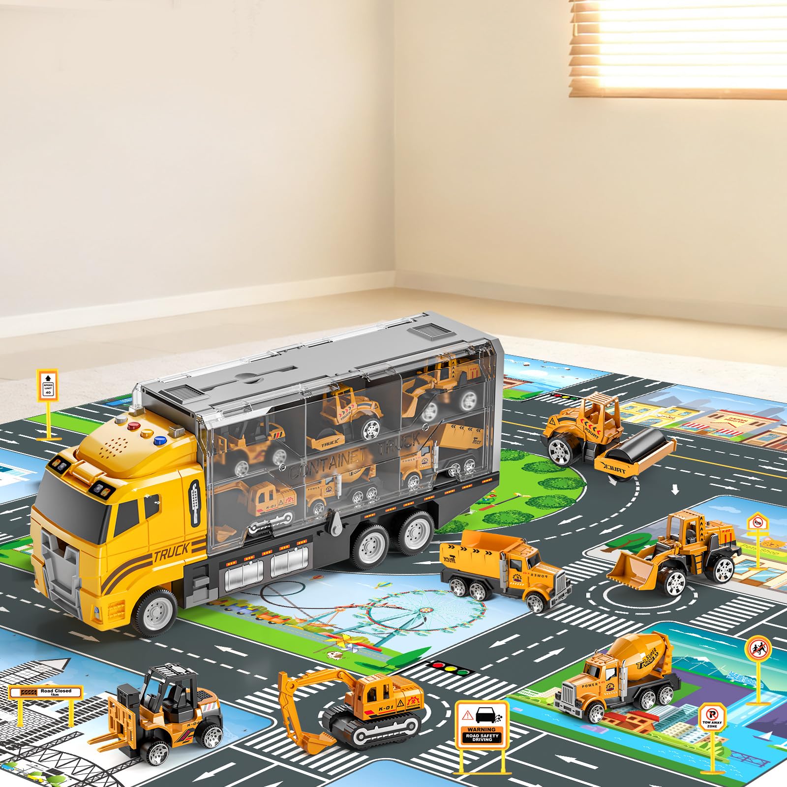 Toddler Boys Construction Truck Vehicle Toy Set with Play Mat and Die-Cast Toy Car, Transport Carrier Truck for Kids 3-5, Birthday Gifts Toys for 3-8 Year Old Boys
