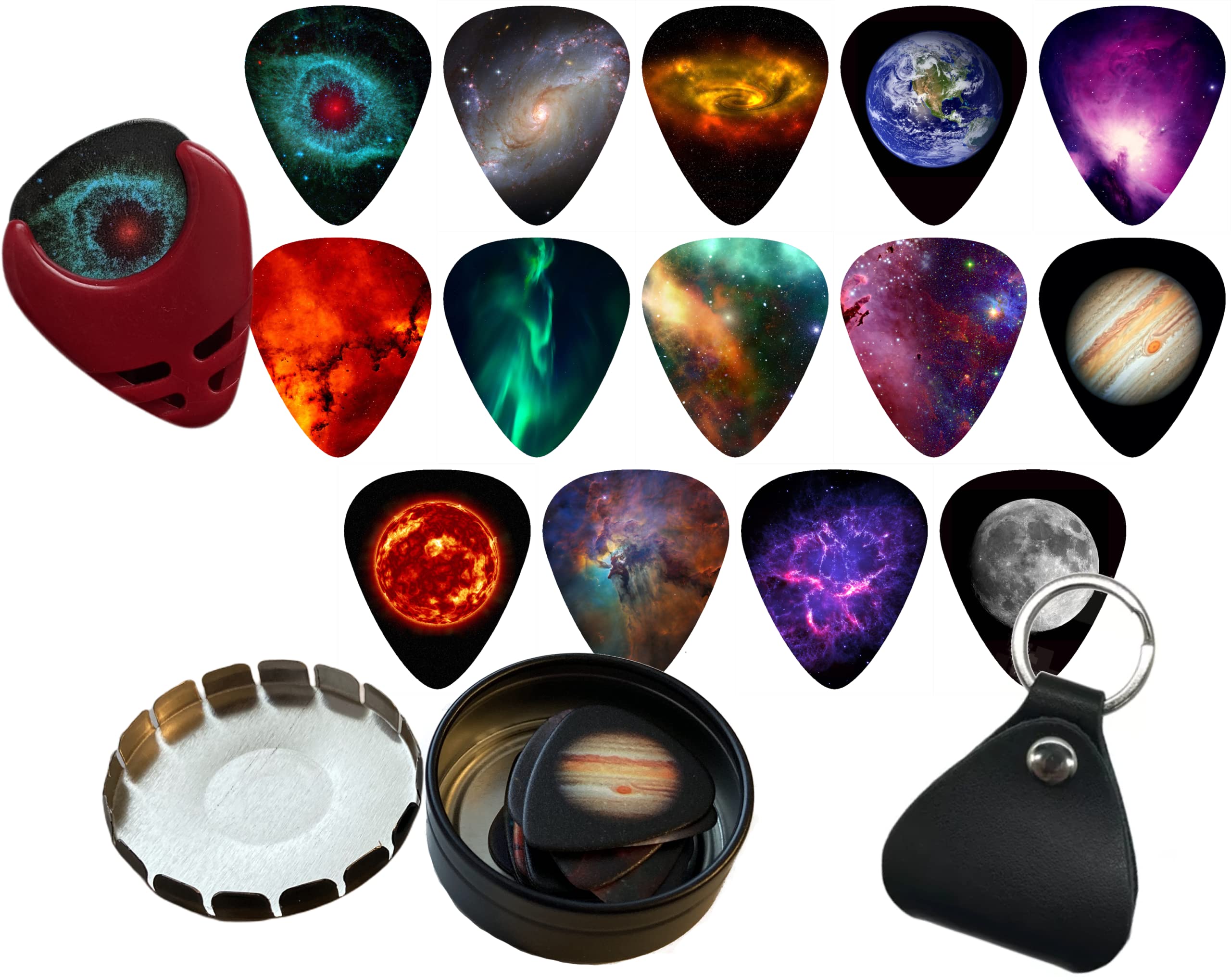 14-Pack Space Universe Guitar Picks Medium .71mm Pack of 14 Epic Guitar Picks with BONUS Guitar Pick Holder (will be random color) Leather Guitar Pick Keychain Holder and Tin Carrying Storage Case — image 1