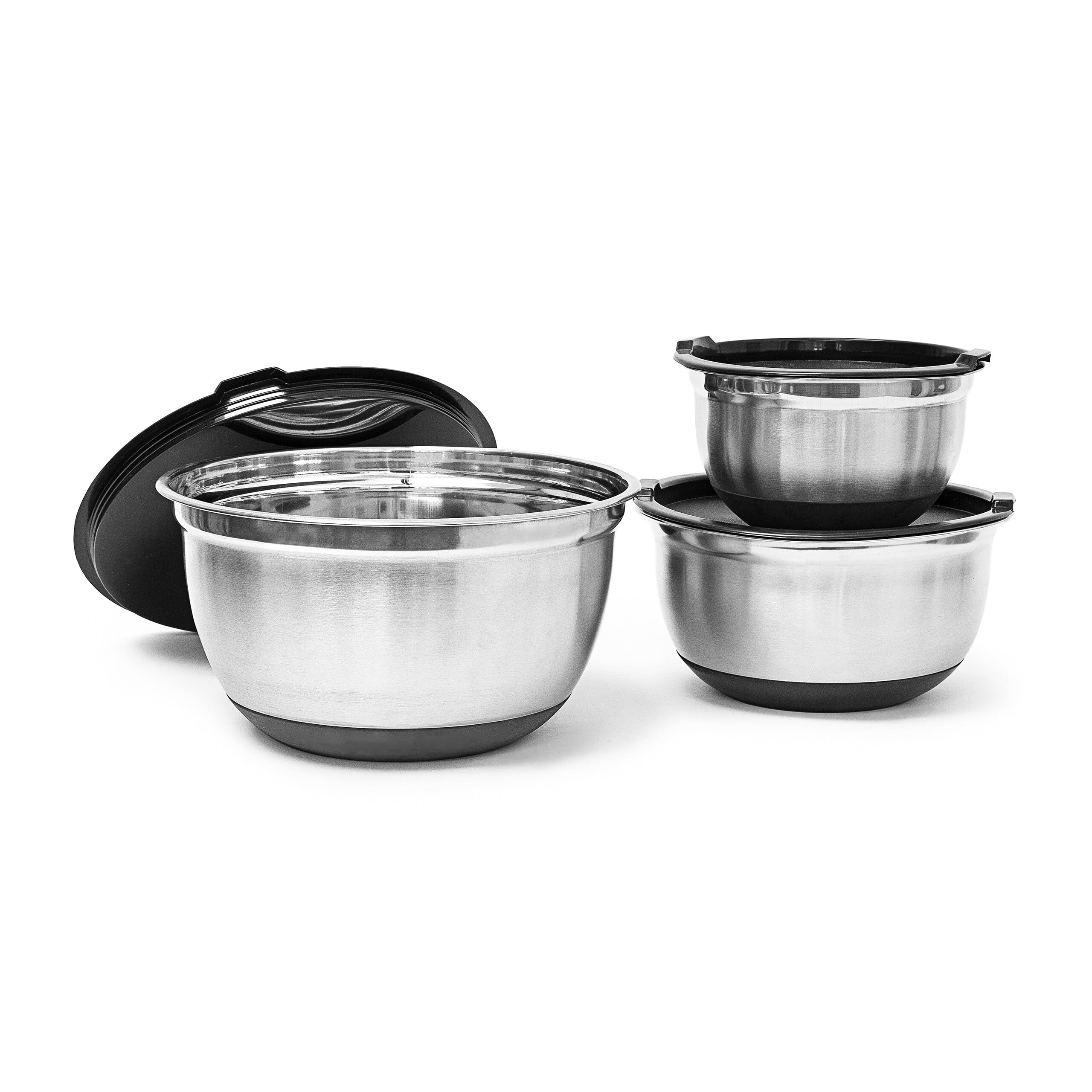 Relaxdays BOWLY Bowl Set With Lid, Set Of 3, Diameters: 17/21 / 25.5 cm, Mixing Bowl Set Stainless Steel With Aroma Protective Lid Salad Bowl And Serving Bowl With Fresh-Preserving Lid, Silver/Black