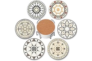 Baalaka Drink Coasters Set of 6 with Holder, Ceramic Absorbent Coasters for Drinks, Boho Coasters with Cork Base for Tabletop Protection, Coffee Table Decor 4 inches