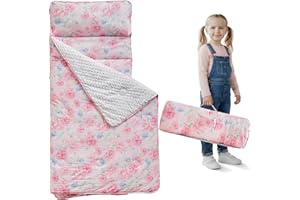 DUSHOW Toddler Nap Mat with Pillow and Blanket,Pink Floral Slumber Bags for Girls,Ultra Soft Kids Sleeping Bags with Roll Up Design,Perfect for Preschool,Daycare,Kindergarten-Pink