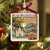 New Orleans Wooden Christmas Ornament, 2-Layer Wood and Acrylic Decoration with St. Louis Cathedral- French Quarter Balcony and Red Streetcar in Snowy Winter Scene, Holiday Souvenir Gift