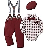 YALLET Baby Boy Clothes Set Infant Tuxedo Long Sleeve Gentleman Suit Outfits + Beret Hat + Suspender Pants + Bowtie 0-18M