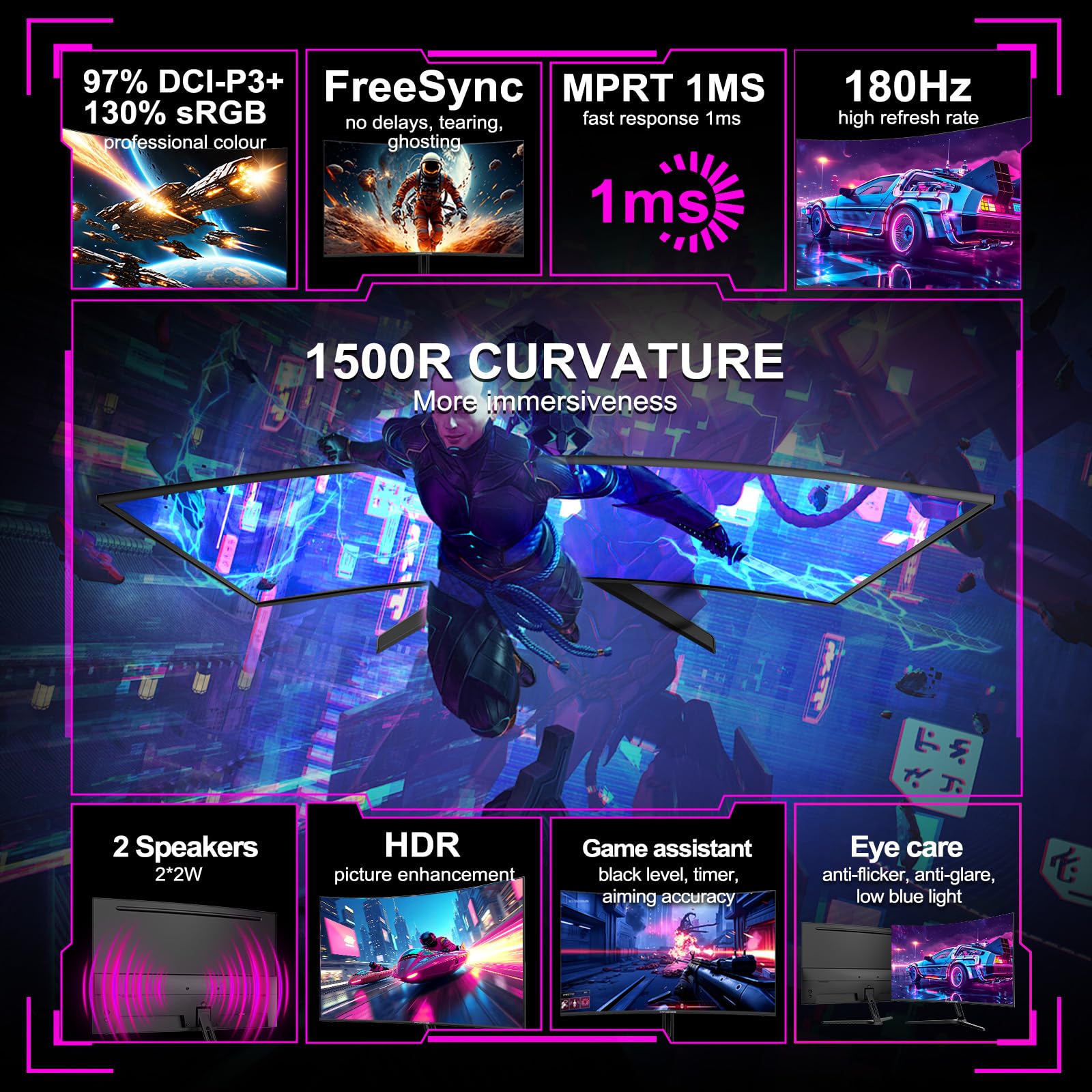 Minifire 24 Inch Curved Gaming Monitor 180Hz, Built In Speaker, Fhd 1920X1080, Crosshair 1Ms, Srgb130%, Hdr, 1500R, Freesync, 300Cd/M², Frameless, Hdmi＆Dp Ports, Vesa Compatible, Eye Care (Mfg24C1) - View 8