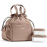 Fit & Fresh Cromwell Drawstring Lunch Bag for Women, Complete Lunch Set with 2 Containers, Stain-Resistant, Leak-Resistant, Back to School Essential, Teacher Lunchbox, Taupe