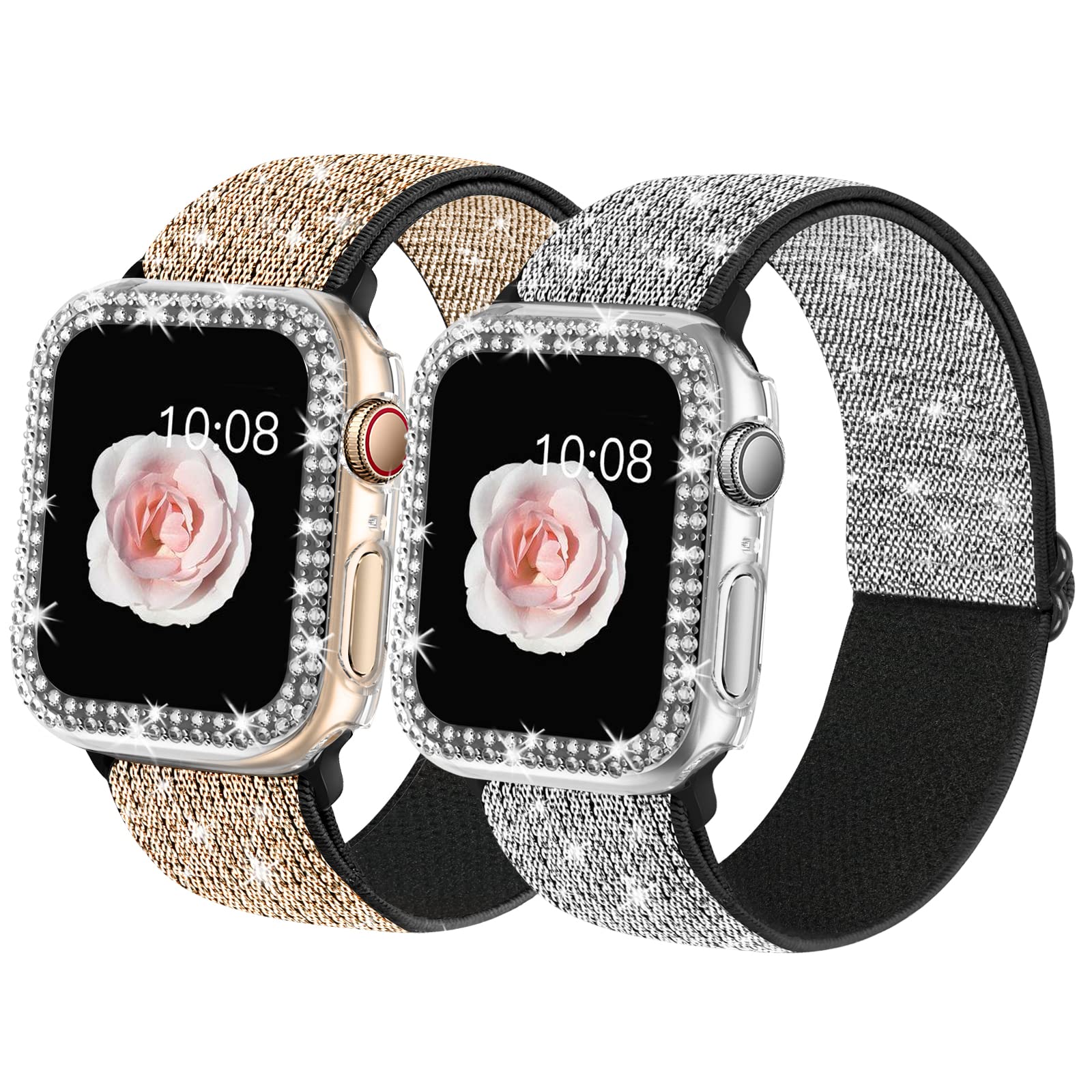 Photo 1 of 2 Pack Bling Stretchy Watch Bands Compatible with Apple Watch Band 40mm 41mm 44mm 45mm iWatch Series 11 10 9 8 7 6 5 4 SE, Adjustable Nylon Wristband with Shiny Case for Women(GS-45mm)