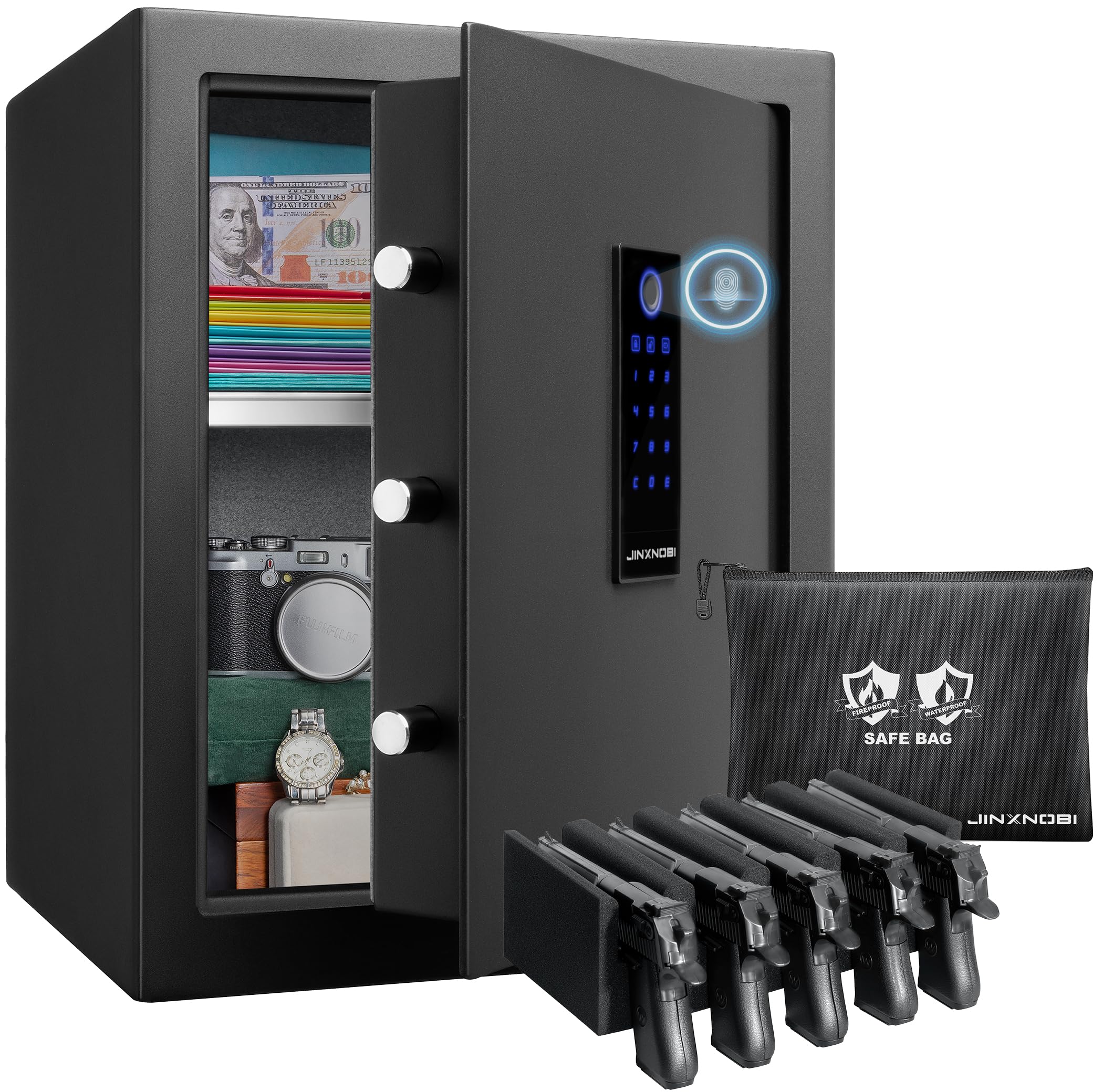 Photo 1 of **Factory Sealed** JINXNOBI Biometric Gun Safe Box,with fireproof waterproof safe bag,smart fingerprint access for home,office,hotel use, 2.19 cu.ft to secure documents,cash,handguns,pistols