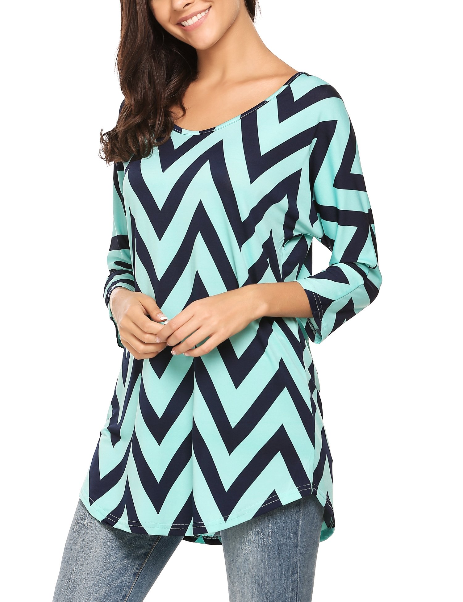 Zeagoo Women 3 4 Sleeve Multi Color Chevron Stripes Casual Blouse Shirt Tops Dark Blue M