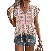 Vivilli Womens Summer Boho Tops Trendy 2026 Ruffle Short Sleeve Peasant Blouses Casual Tie Front Loose Tunic Vacation Clothes