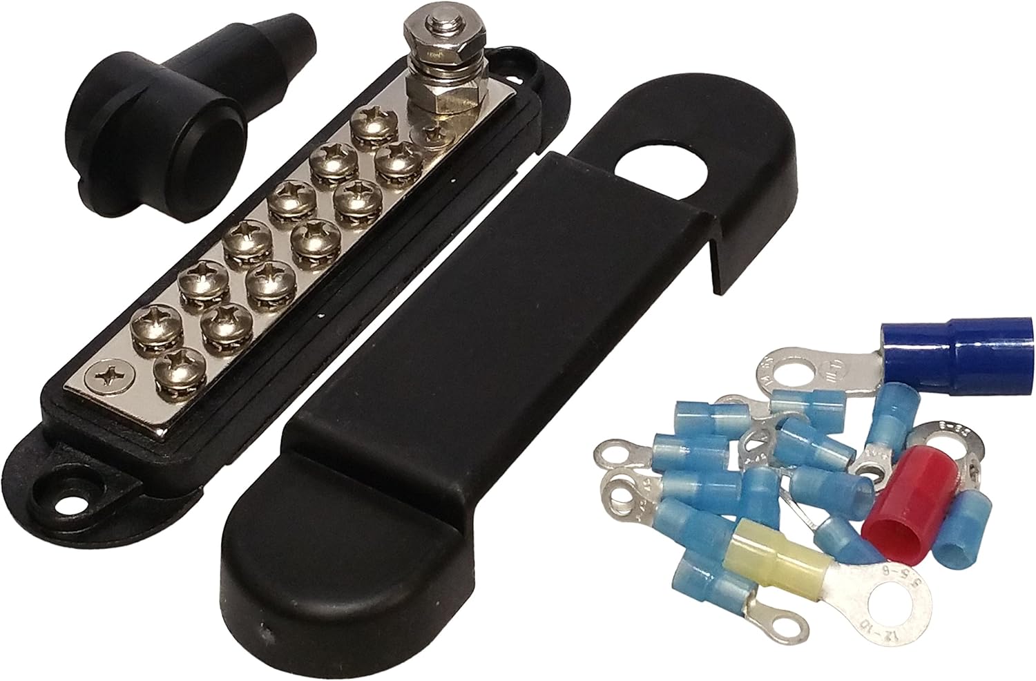 (Black) 12 Terminal Distribution Block -BUSBAR- With Ring Terminals: Automotive