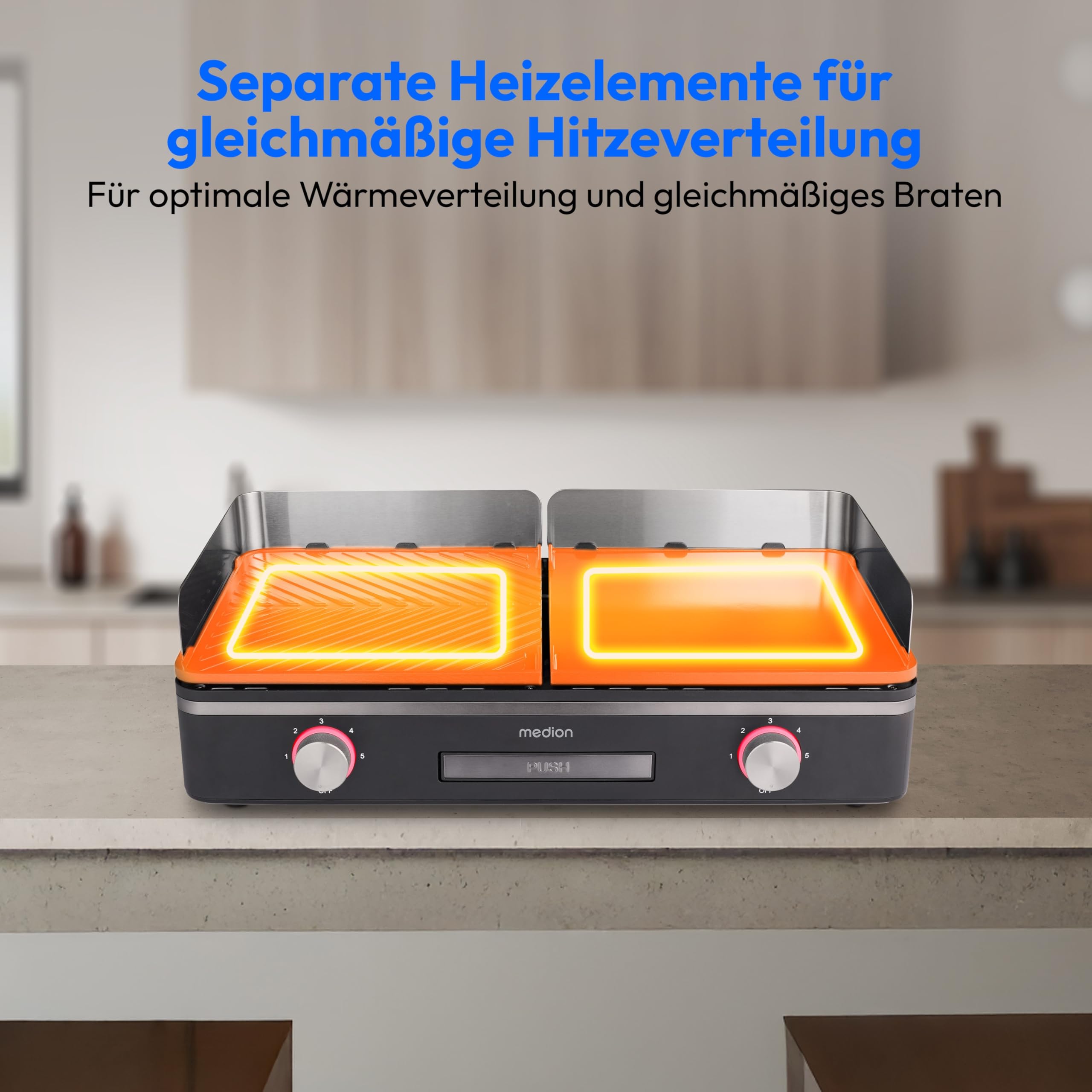 MEDION Tischgrill elektrisch mit Dual-Zonen-System (2400 Watt Elektrogrill, 2 abnehmbare Platten, individuelle Temperaturregelung, LED-Statusanzeige, IPX4-Schutz, MD12027) 3