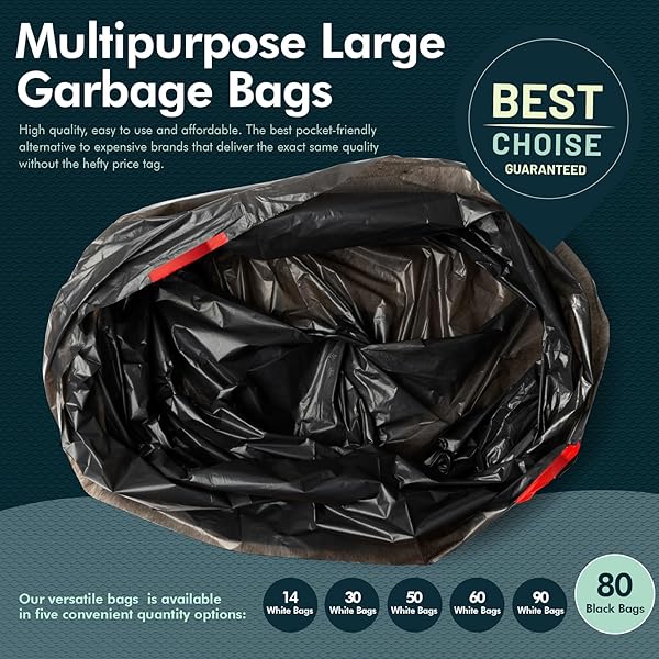 PAMI TALL 13-GALLON KITCHEN DRAWSTRING TRASH BAGS [80-PACK, BLACK] – EXTRA-STRONG PLASTIC GARBAGE BAGS- THICK TRASH CAN LINERS FOR KITCHEN, BATHROOM & OUTDOOR BINS- 2FT X2FT UNSCENTED TRASH BAGS