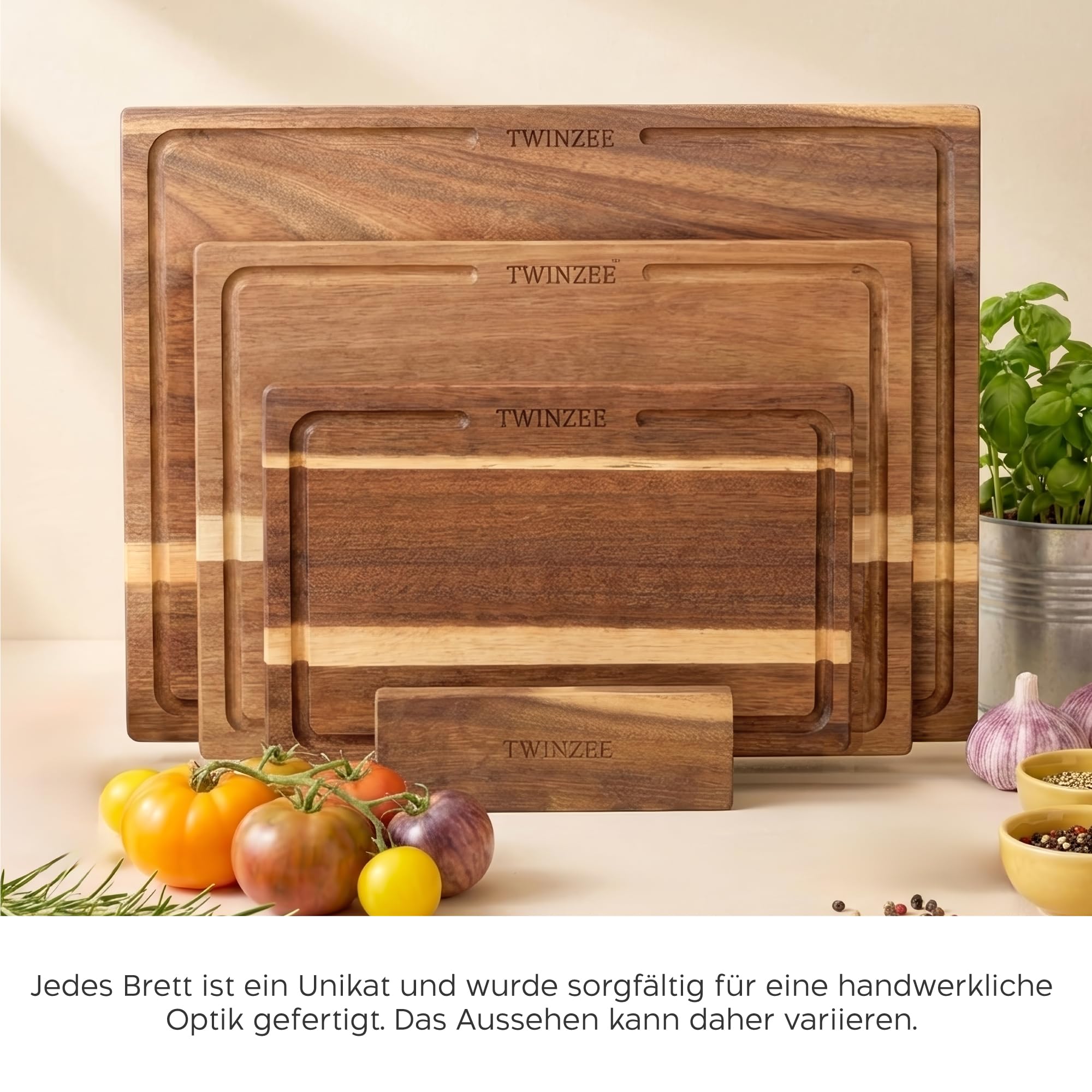 Twinzee Schneidebrett 3er Set (40 x 30/33 x 24/26 x 18 cm) aus Massiver Akazie - Schneidebrett Holz mit Brettständer, 2cm dicke Holzbretter, mit Saftrille 7
