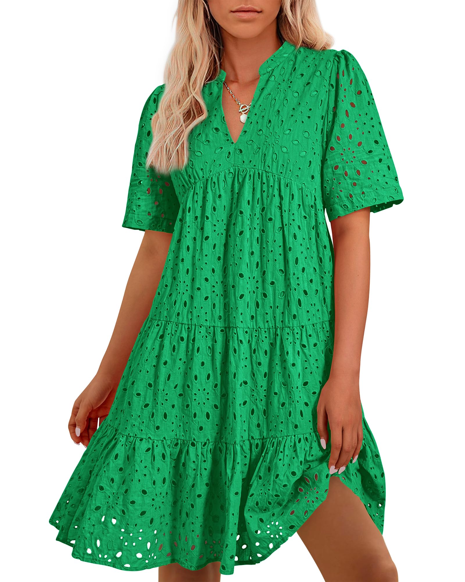 Photo 1 of BTFBM Womens Boho Summer Dresses 2025 Resort V Neck Short Sleeve Hollow Out Lace Ruffle Casual Beach Mini Vacation Dress(Green, Medium)